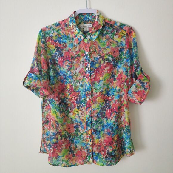 Coldwater Creek Womens Cotton-Silk Shirt Top Colorful 3/4 Sleeve Roll-Tab Size M - Picture 2 of 8